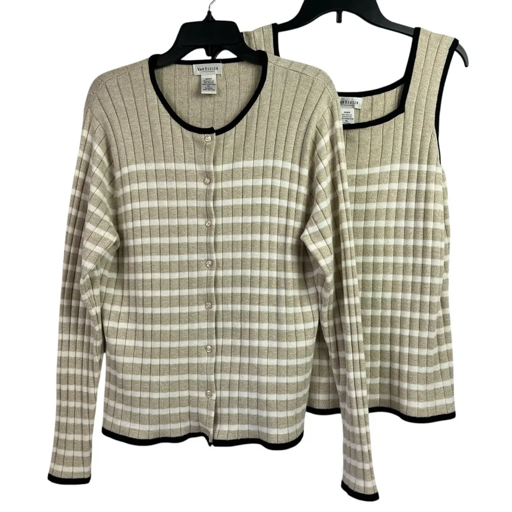 Van Heusen Knit Cardigan Tank Top Set Beige Stripe 2 Piece XL - Picture 1 of 15